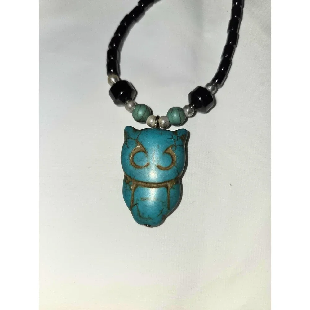 Owl Pendant Beaded Necklace & Matching Stretch Bracelet Set Black Turquoise Tone